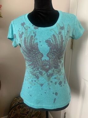 Self Esteem Aqua Blue Scoop Neck Tee with Winged Graphic